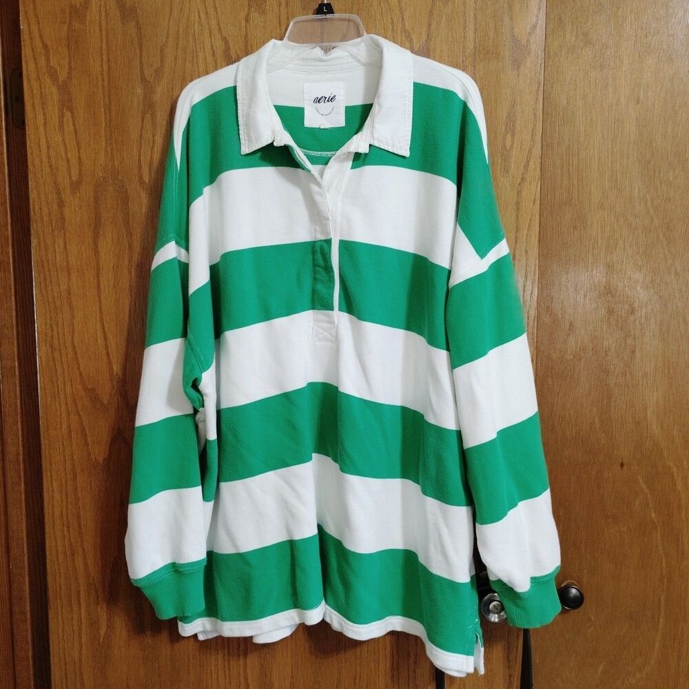 Aerie Terry Rugby XXL Polo Long Sleeve Green & White Long Sleeve Buttons Shirt